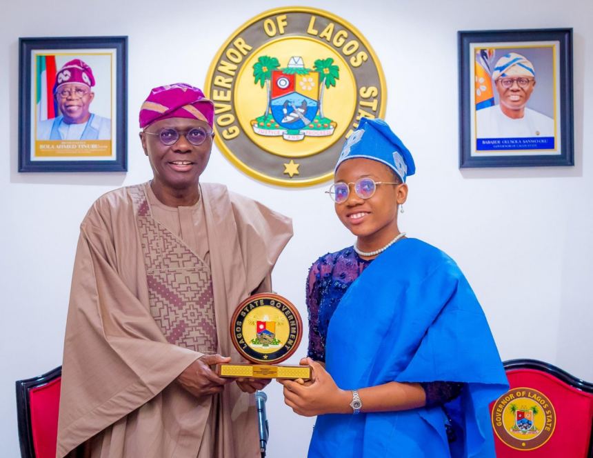 Photo News: Babajide Sanwo-Olu Receives Lagos State ‘One Day Governor,’ Miss Etiyemonu Esther, Praises Her Confidence