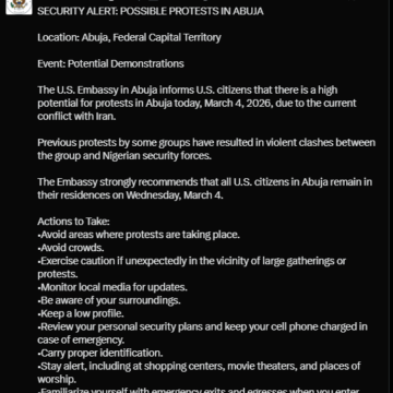 U.S. Embassy In Abuja Cancels Visas Amid Protest Alert Over Middle East Conflict