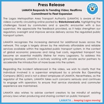 LAMATA Responds To Trending Video On BRT Bus Shortages; Reaffirms Commitment To Fleet Expansion.