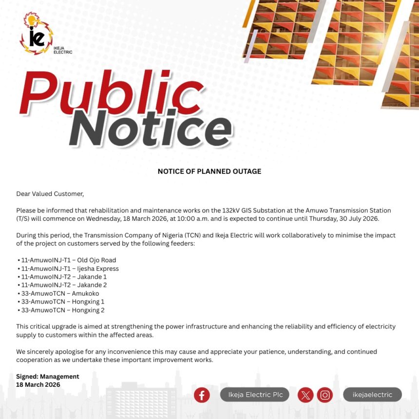 Notice Of Planned Outage On The 132kv GIS Substation At The Amuwo Transmission Station.