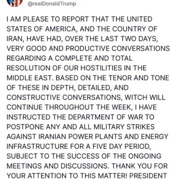 President Trump Instructs War Department To Hold Off Military Strike Against Iranian Power Plants, Says Discussion Is Ongoing
