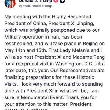 U.S. President Trump Reschedules Meeting With China President Xi Jinping Over Iran War