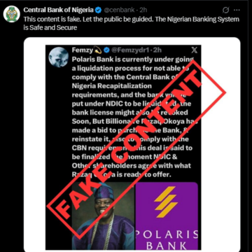 Screenshot (1718) CBN Debunks Fake News, Affirms “Nigerian Banking System Is Safe And Secure” After Content Creator Alleged That Polaris Bank Is “Undergoing Liquidation Process”