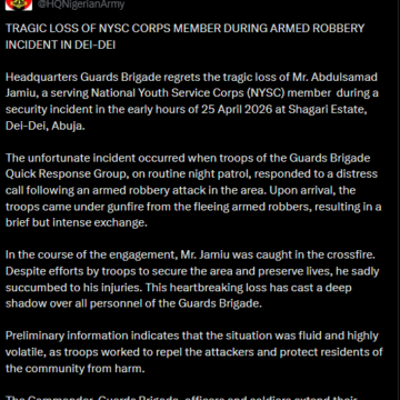 Screenshot (1770) Family Disproves Nigerian Army Claims That NYSC Member Abdulsamad Jamiu Was Killed In Abuja During Armed Robbery Encounter.