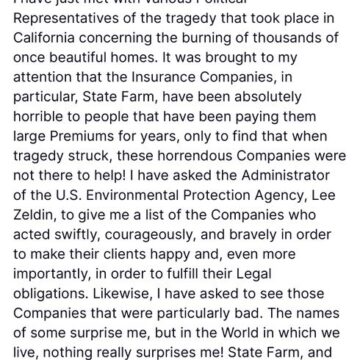 President Trump On California Fire Outbreak, To Review Insurance Companies That Fulfil Legal Obligations To Clients, Calls out State Farm Over Unjust Treatment