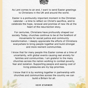 British Prime Minister Keir Starmer Sends Warm Wishes To Christians Around The World For Easter, Says The Church Help In Shaping The Society.