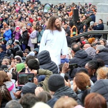 Londoners At The Trafalgar Square Watch The Passion Of Jesus, Performed By Wintershall Play, Mayor Sadiq Khan Says Its “A Time To Reflect On Jesus Christ’s Message Of Courage, Compassion And Empathy.