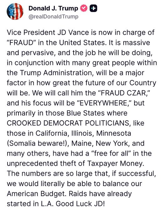 President Trump Describes JD Vance As The ‘Fraud Czar’ As His Administration Delve Into Fraudulent Cases In The Country