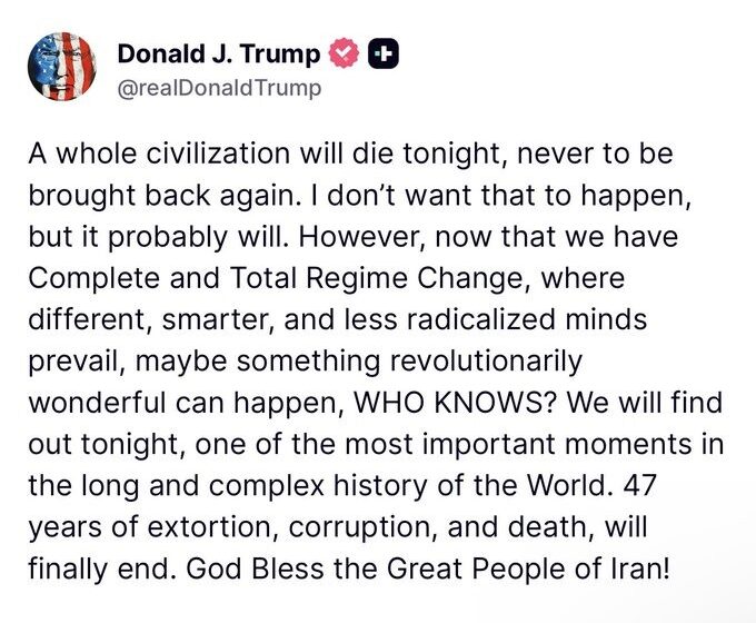 President Trump Issues Death Threat On Iran If It Doesn’t Agree To Deal To End War