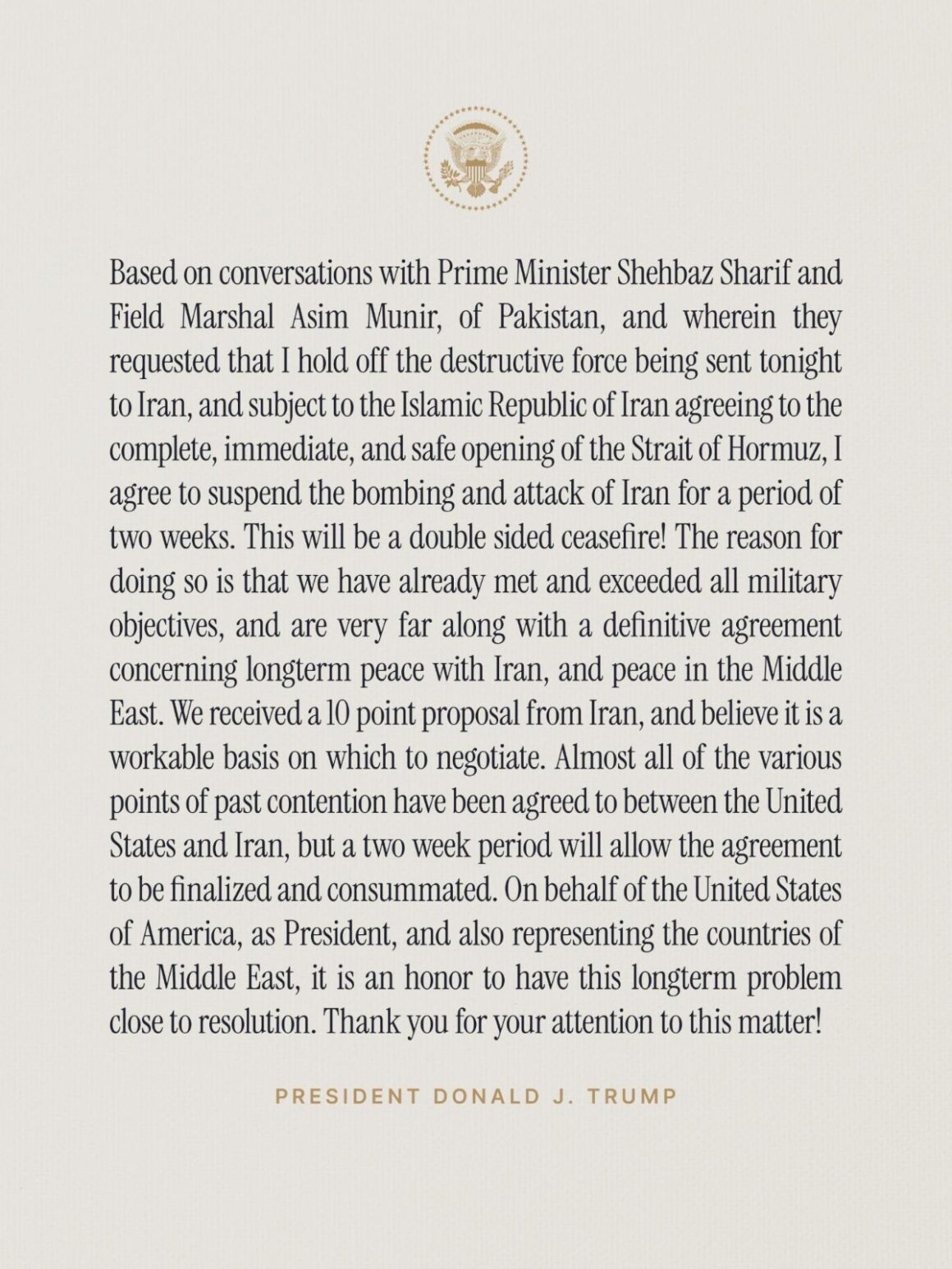 President Trump Agrees To Suspend Bombing And Attacks On Iran For Two Weeks., Makes Statement