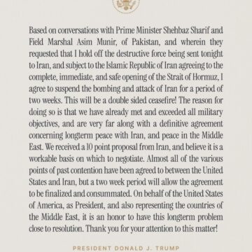 President Trump Agrees To Suspend Bombing And Attacks On Iran For Two Weeks., Makes Statement