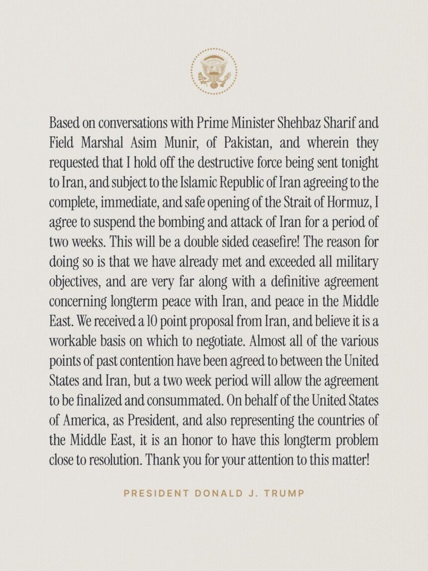 President Trump Agrees To Suspend Bombing And Attacks On Iran For Two Weeks., Makes Statement