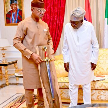 WhatsApp Image 2026-04-08 at 12.07.59 PM Ogun State Governor Abiodun Visits President Tinubu In Abuja Over His Historic Visit To Commission The Landmark Projects In The State, Presents Him With A Ceremonial Sword.