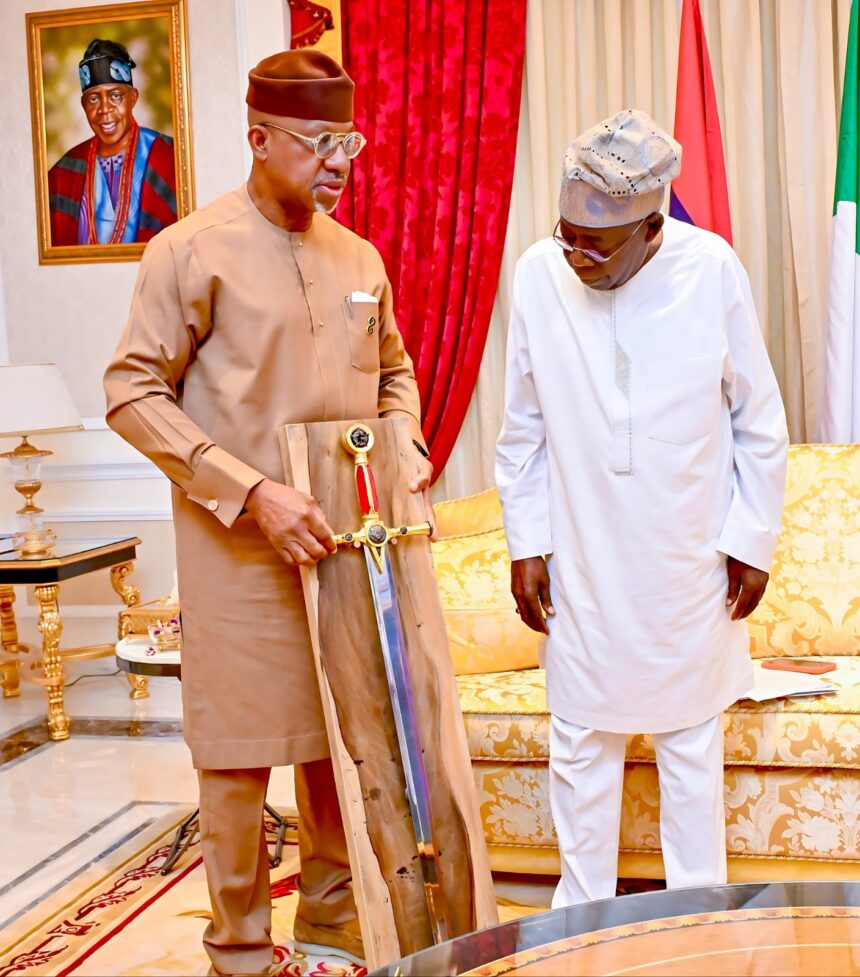 Ogun State Governor Abiodun Visits President Tinubu In Abuja Over His Historic Visit To Commission The Landmark Projects In The State, Presents Him With A Ceremonial Sword.