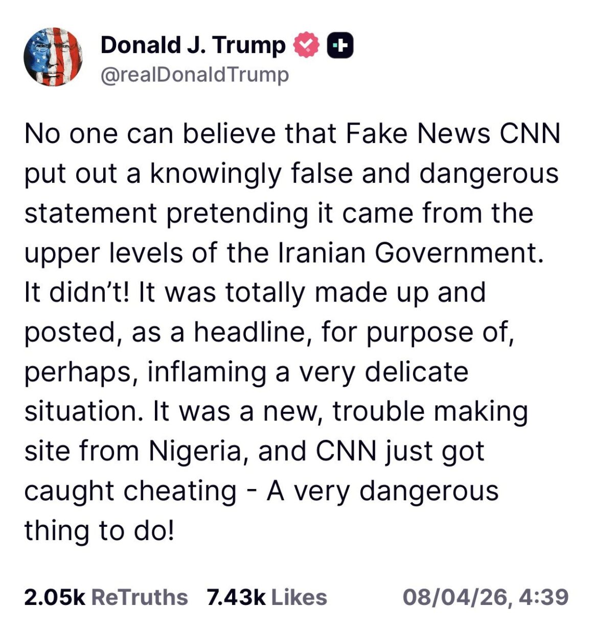 U.S Trump Claims CNN And Nigeria Fake Cite Post Alleged News From Iranian Top Government To Inflame Situation.
