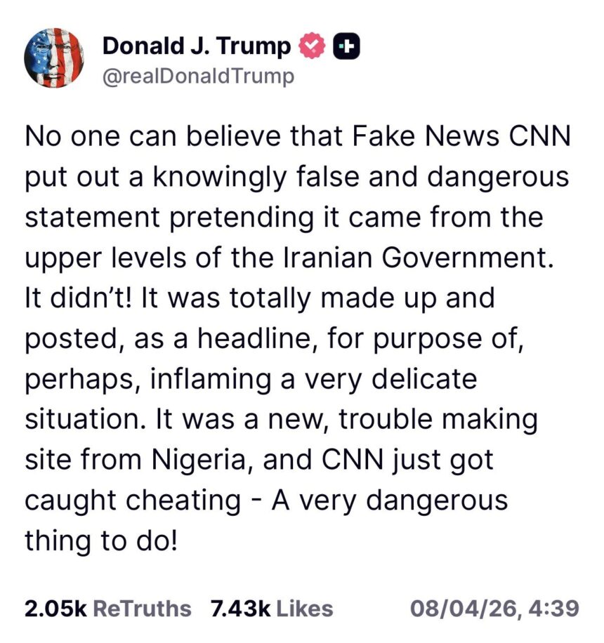 U.S Trump Claims CNN And Nigeria Fake Cite Post Alleged News From Iranian Top Government To Inflame Situation.