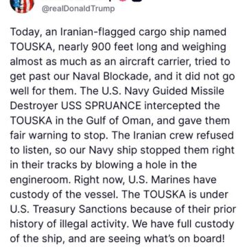 Trump Reports U.S Navy Intercepts Iranian Cargo Ship, Blows A Hole In The Engine Room Over Alleged Illegal Activity