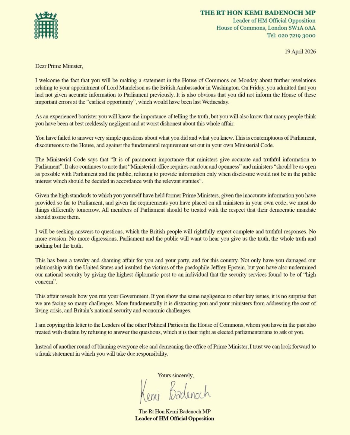 Conservative Leader Kemi Badenoch Reminds P.M Starmer Of His Obligations To Britain, Says He’s “Been Recklessly Negligent, And At Worst Completely Dishonest,” Over Peter Mandelson’s Controversies.