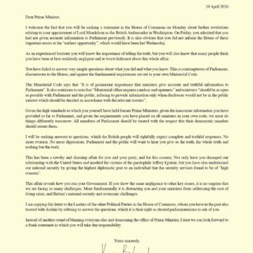 WhatsApp Image 2026-04-20 at 12.21.53 PM Conservative Leader Kemi Badenoch Reminds P.M Starmer Of His Obligations To Britain, Says He’s “Been Recklessly Negligent, And At Worst Completely Dishonest,” Over Peter Mandelson’s Controversies.