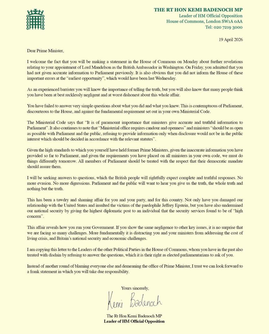 Conservative Leader Kemi Badenoch Reminds P.M Starmer Of His Obligations To Britain, Says He’s “Been Recklessly Negligent, And At Worst Completely Dishonest,” Over Peter Mandelson’s Controversies.