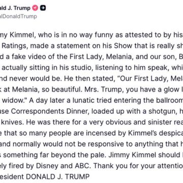 President Trump Calls On ABC To Fire Jimmy Kimmel In The Wake Of The Late-Night Comic Making A Joke In Which He Described The First Lady As Having “The Glow Of An Expectant Widow.”