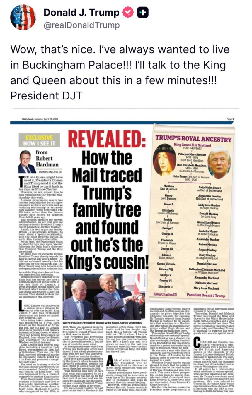 WhatsApp Image 2026-04-28 at 2.50.44 PM President Trump Responds To Trace Of His Family Tree To The UK Royal Family.