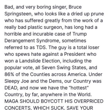 U.S. President Thrashes Bruce Springsteen, Urges Americans To Boycott His Concert, Claims The Singer Has ‘Incurable Case Of Trump Derangement Syndrome.’