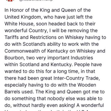 WhatsApp Image 2026-05-01 at 11.17.21 AM President Trump In Honor Of King Charles III Visit Lift All Tariffs On Scottish Whiskey And Bourbon Following A Request