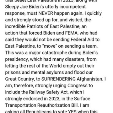 WhatsApp Image 2026-05-20 at 11.02.12 AM President Trump Urge Republican To Vote YES To ‘Pass The Railway Safety Act’, In Keeping His Promise To The People Of East Palestine.
