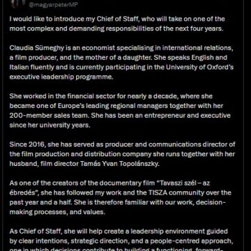 Hungarian P.M Magyar Introduces Chief Of Staff Claudia Sümeghy, Summarizes Her C.V, Says “She Will Help Create A Leadership Environment Guided By Clear Intentions…”