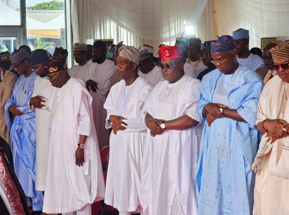 President Bola Ahmed Tinubu, former Governor of Lagos State Babatunde Raji Fashola, the Lagos APC governorship candidate, and other Muslim faithful, observe Eid Mubarak prayers at Dodan Barracks in Lagos State.