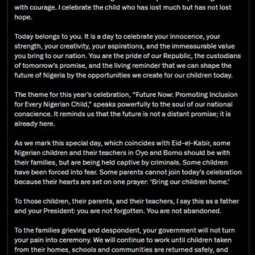 WhatsApp Image 2026-05-28 at 7.23.14 AM “We Will Continue To Work Until Children Taken From Their Homes, Schools And Communities Are Returned Safely”—President Tinubu Assures On Children’s Day Over Oyo School Abduction.