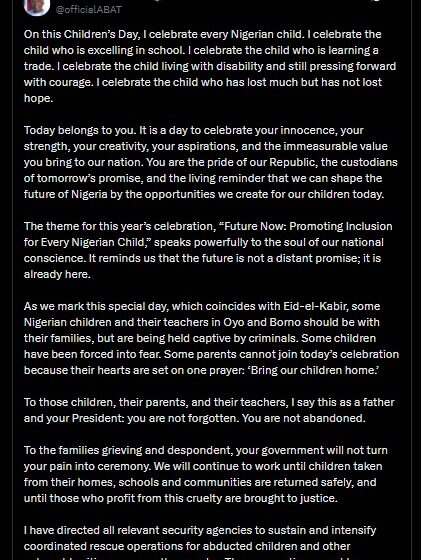 WhatsApp Image 2026-05-28 at 7.23.14 AM “We Will Continue To Work Until Children Taken From Their Homes, Schools And Communities Are Returned Safely”—President Tinubu Assures On Children’s Day Over Oyo School Abduction.