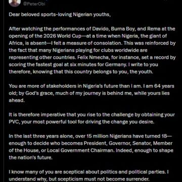 Election 2027: “Do Not Sit On The Sidelines While Others Decide Your Future”—NDC Flagbearer Peter Obi Appeals To Nigerian Citizens To Register And Vote In The Coming Presidential Election