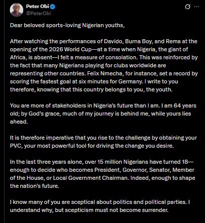 Election 2027: “Do Not Sit On The Sidelines While Others Decide Your Future”—NDC Flagbearer Peter Obi Appeals To Nigerian Citizens To Register And Vote In The Coming Presidential Election