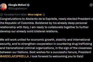 WhatsApp Image 2026-06-22 at 12.57.58 PM Italian P.M Meloni Declares Her Readiness To Work On Bilateral Relationship With Colombia President-Elect Abelardo de la Espriella, Sends In Congratulatory Message