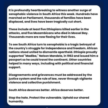 WHO DG Tedros Adhanom Ghebreyesus Condemns South Africans Xenophobic Attack On Foreigners, Describes It As “A Tragic Betrayal Of The Country’s Struggle For Independence And Freedom.”