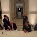 President Trump During Dinner At Versailles Signs Iran Mou, Macron Says The “Agreement Paves The Way For Lasting Peace And Allows The Reopening Of The Strait Of Hormuz.”