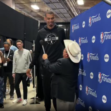 image Sport News: “You Wanna Rub My Belly For Good Luck?”—American Talk Show Personality Guillermo & Wemby Share A Fun Moment During NBA Finals Game 1 Media Day.